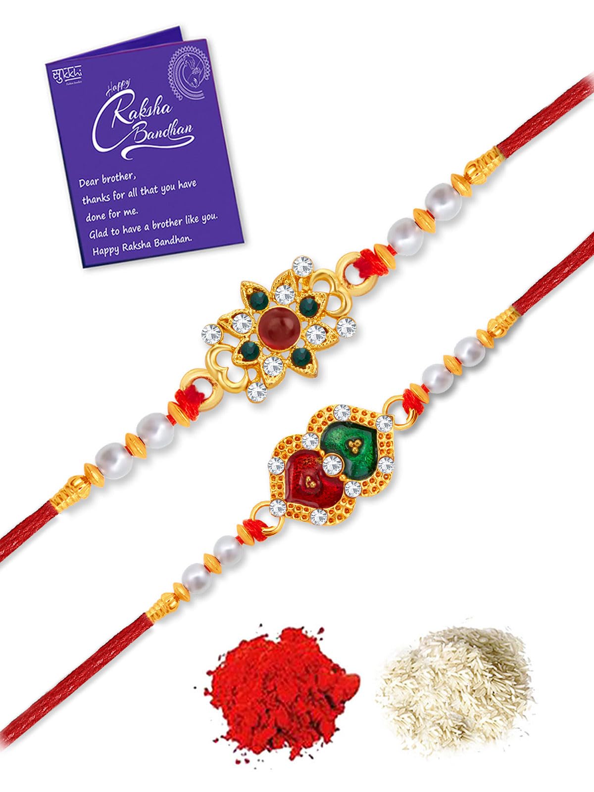 Sukkhi Rakhi Attractive Kundan Rakhi Combo & Designer Gold Plated Premium Rakhi for Brother, Roli Chawal & Greeting Card|Rakhi for Bhaiya|Rakhi for MEN|Kundan Rakhi|Rakhi Combo-Set of 2 |CBRAK105015 (B0C7W3YGNP) Amazon Price History, Amazon Price Tracker