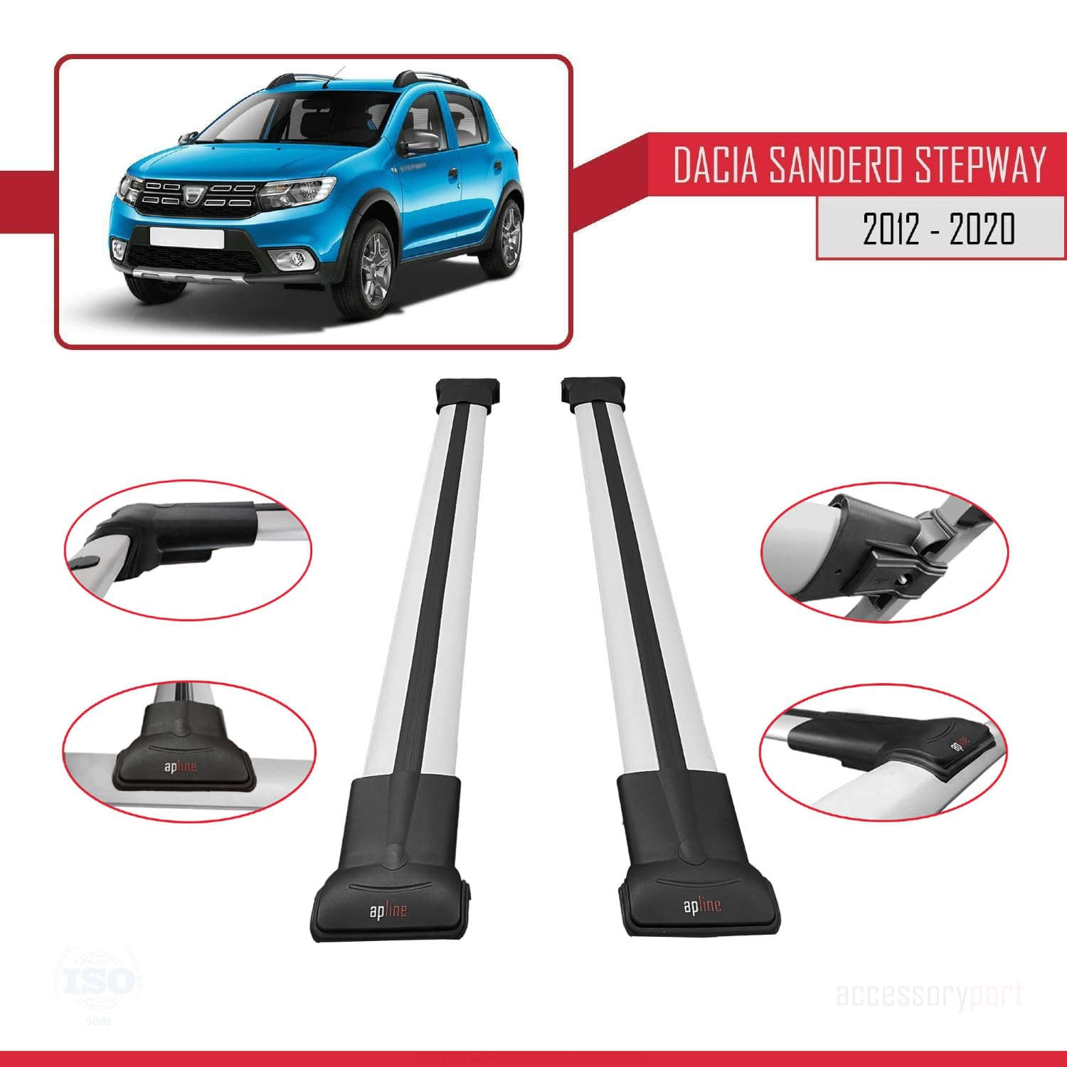 Compatible avec Dacia Sandero Stepway 2 (B52) 2012-2020 Fly Modèle Barres de Toit Railing Porte-Bagages de Voiture Aluminium Gris 2 Barres