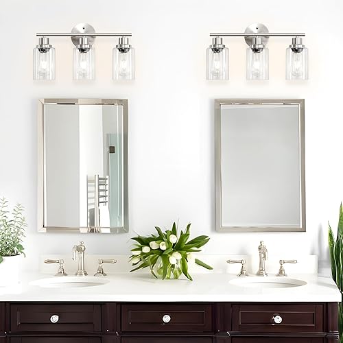 Miniatura 6 de Luces de tocador de níquel cepillado de 3 luces, lámparas de baño modernas E26 con pantalla de vidrio transparente, lámparas de pared para espejo,
