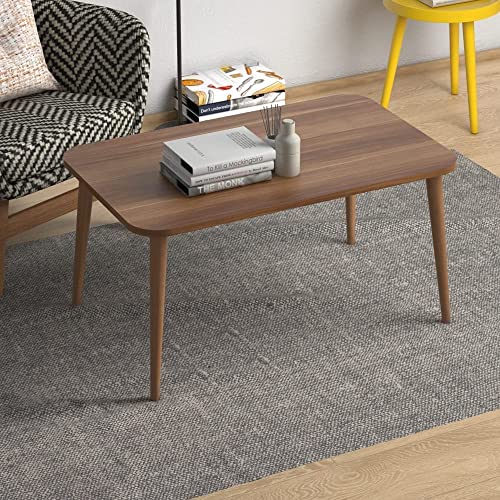 Image of Wooden Foldable Coffee Table - Rectangular Center Tea Table for Living Room & Bedroom, Easy Assembly with Solid Wooden Legs (Walnut)
