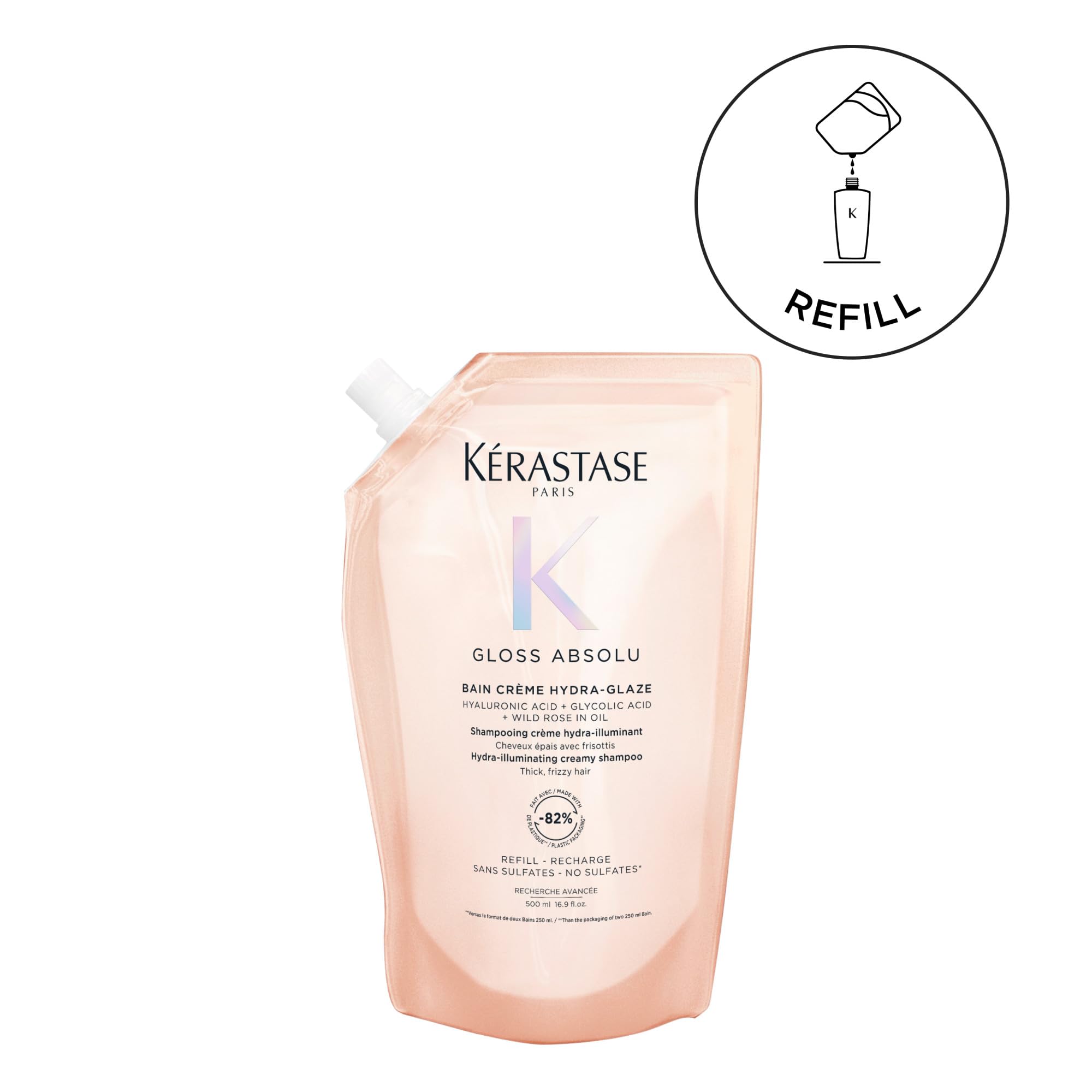 Kérastase, Gloss Absolu, Eco Ricarica Shampoo per Capelli Spessi Tendenti al Crespo, Con Acido Glicolico, Acido Ialuronico e Olio di Rosa Canina, Bain Crème Hydra-Glaze, 500 ml - 2