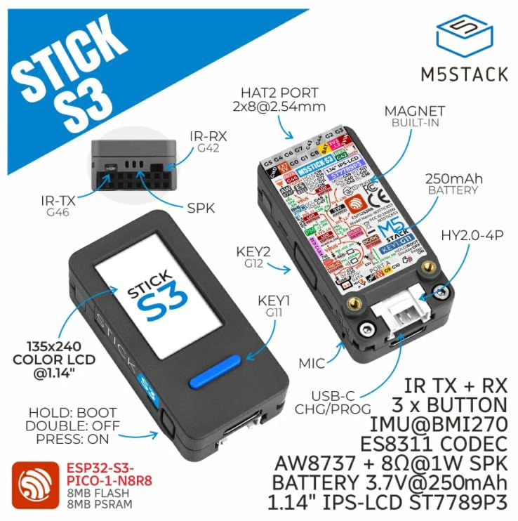 M5StickS3 ESP32-S3 Mini IoT Dev Kit – Mini carte de développement programmable avec Wi-Fi et Bluetooth | Idéal pour les projets IoT, Smart Home et DIY