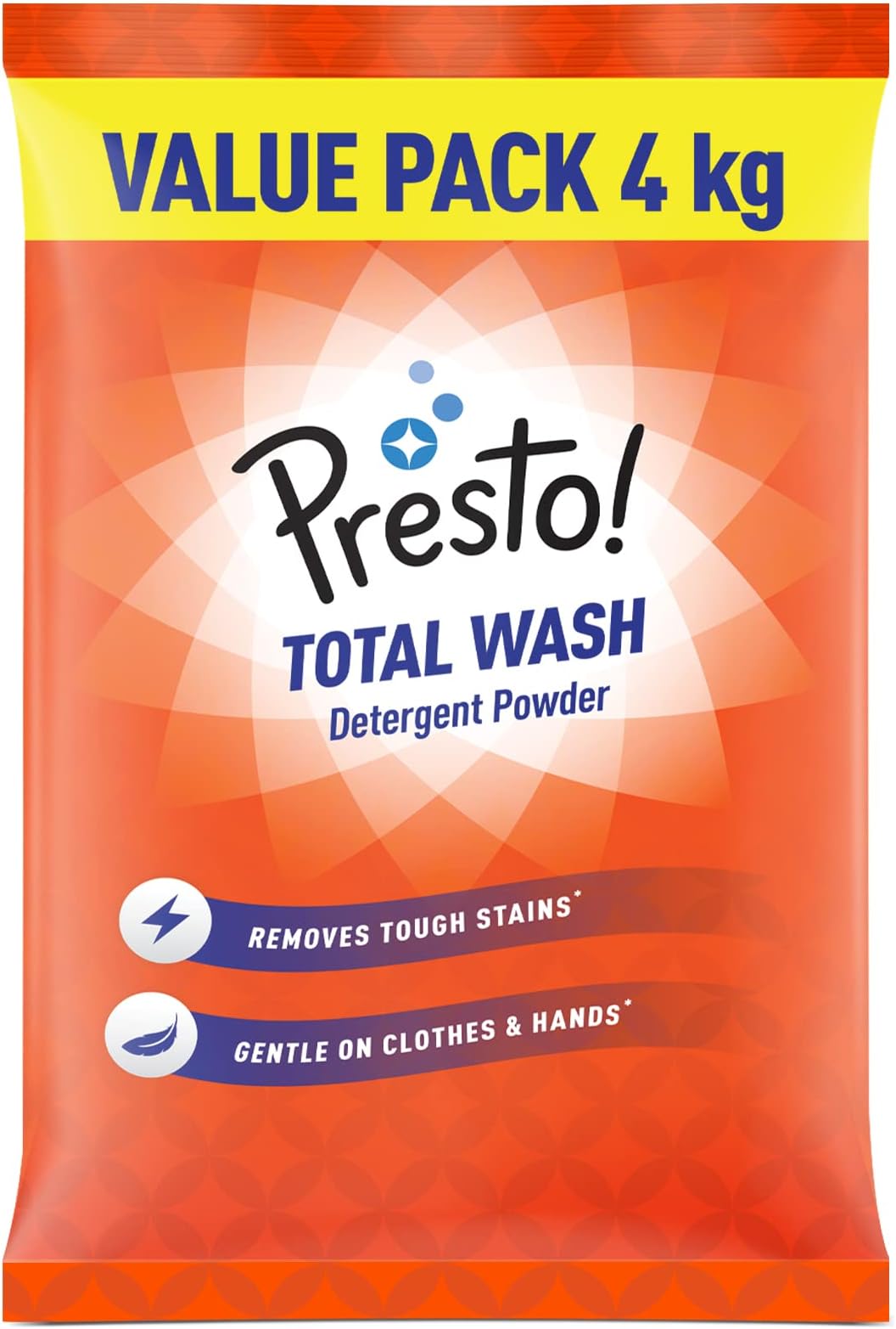 Amazon Brand - Presto! Total Wash Detergent Powder | 4 Kg | Machine And Hand Wash | Removes Tough Stains | Safe And Gentle On Fabrics & Hands | Bleach-Free