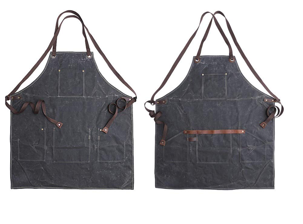 Waxed Canvas Work Apron Buckle Adjustable Cross Back Long Straps Waterproof Carpenters Woodworkers Gardener Aprons + Tool Pockets (ArmyGreen)