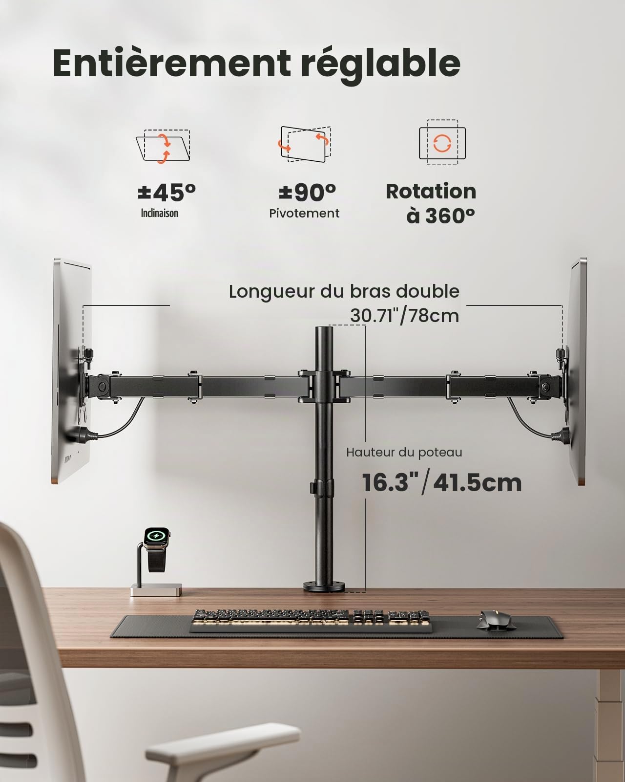 ErGear Support Ecran PC 2 Ecran pour Moniteurs 13-32 Pouces Bras Réglable Hauteur Rotatif Pivotant Inclinaison ±45° Charge 8kg VESA 75/100