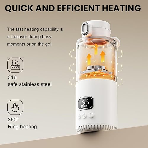 Miniatura 3 de Dollox Calentador de botellas portátil para viajes, 12 onzas, gran capacidad, calentador de agua portátil para bebés, leche materna, leche, 10000