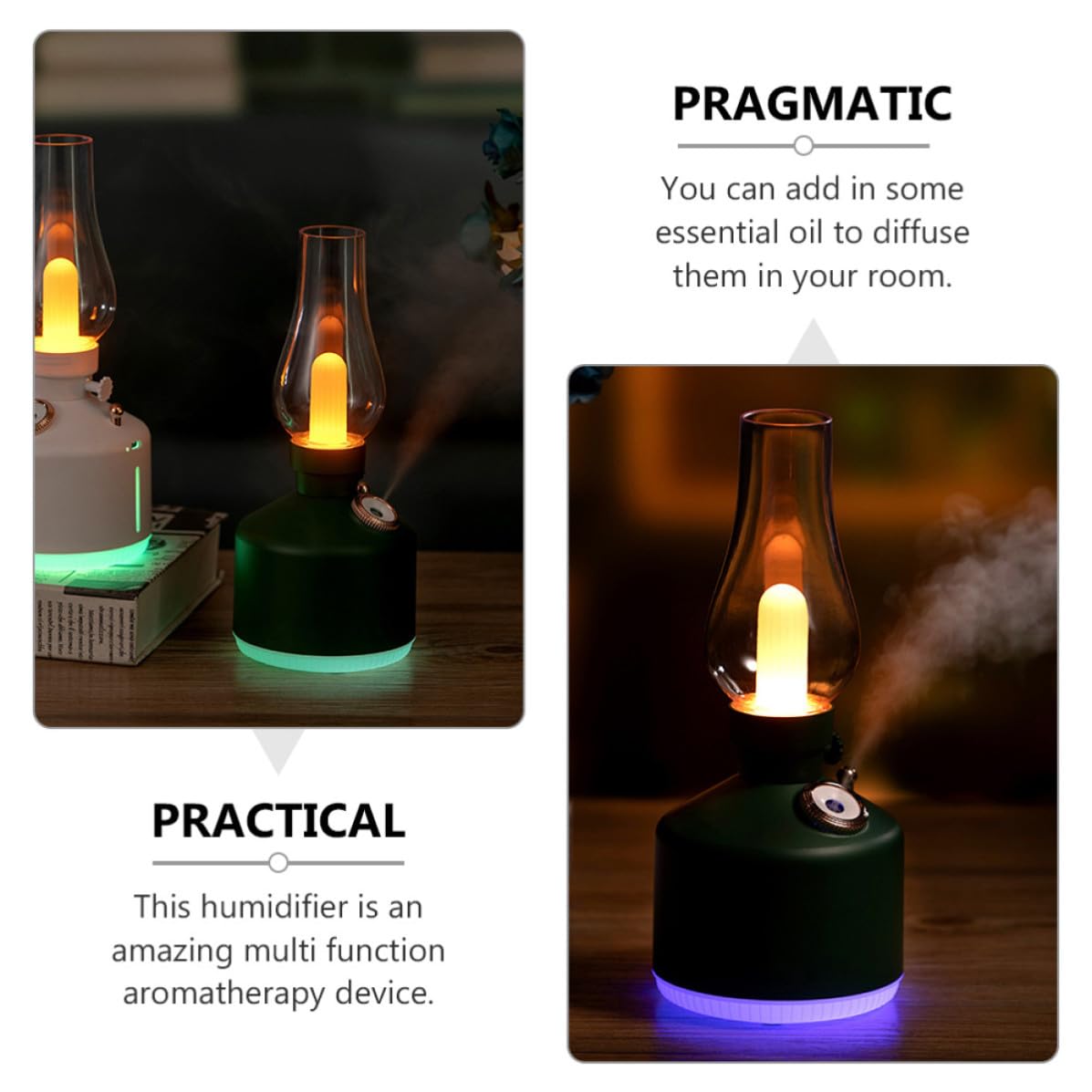 YARNOW Humidificador de Luz Nocturna Multifuncional Verde Capacidad de 280ml y 1200mah para Dormitorio y Oficina Diseño Elegante de Abs