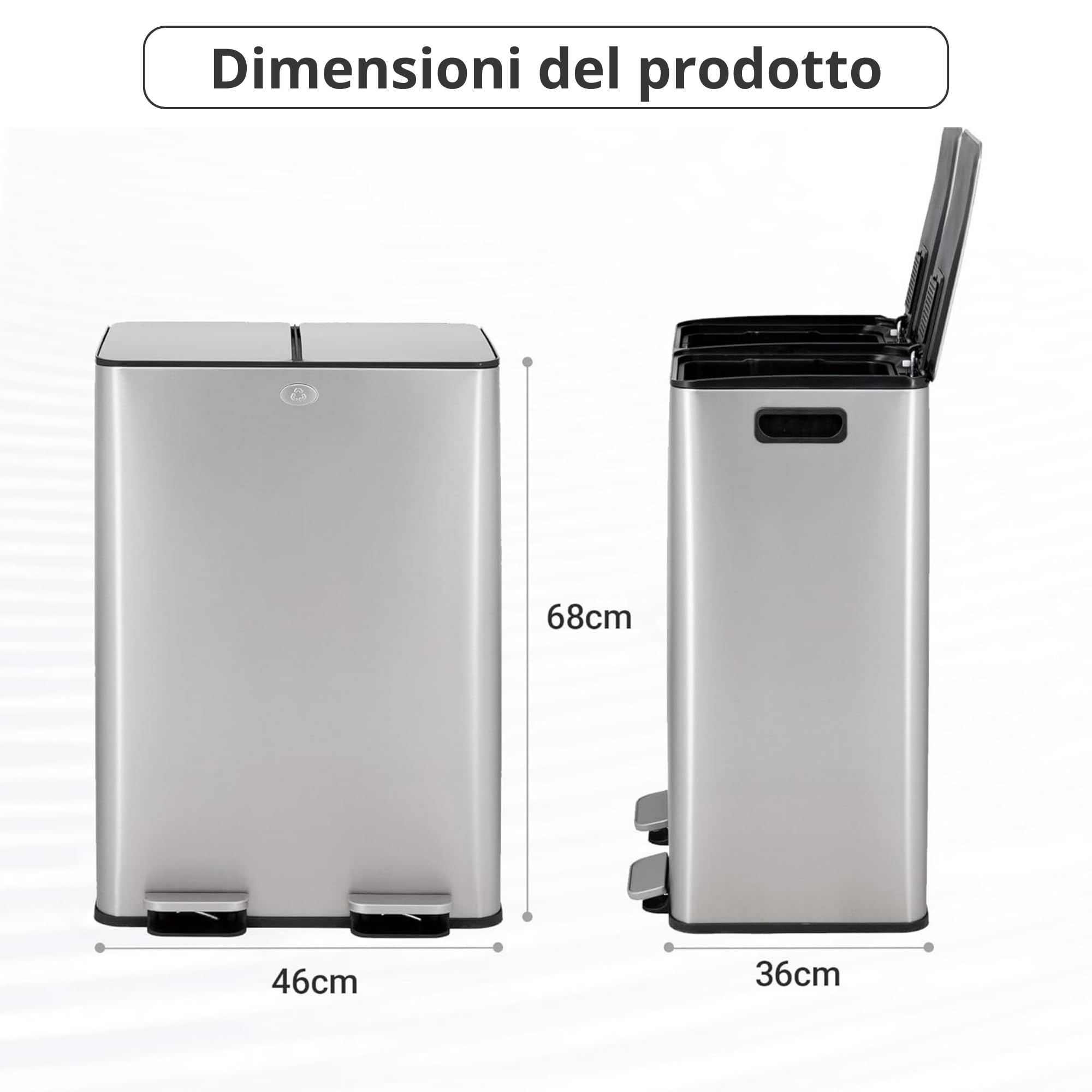 2 Contenitori per la Raccolta Differenziata da 30 L (60 L), Doppio Contenitore, Acciaio Inox Anti-impronta, con Coperchio a Chiusura Morbido e Pedale, Include 20 Sacchetti per Spazzatura