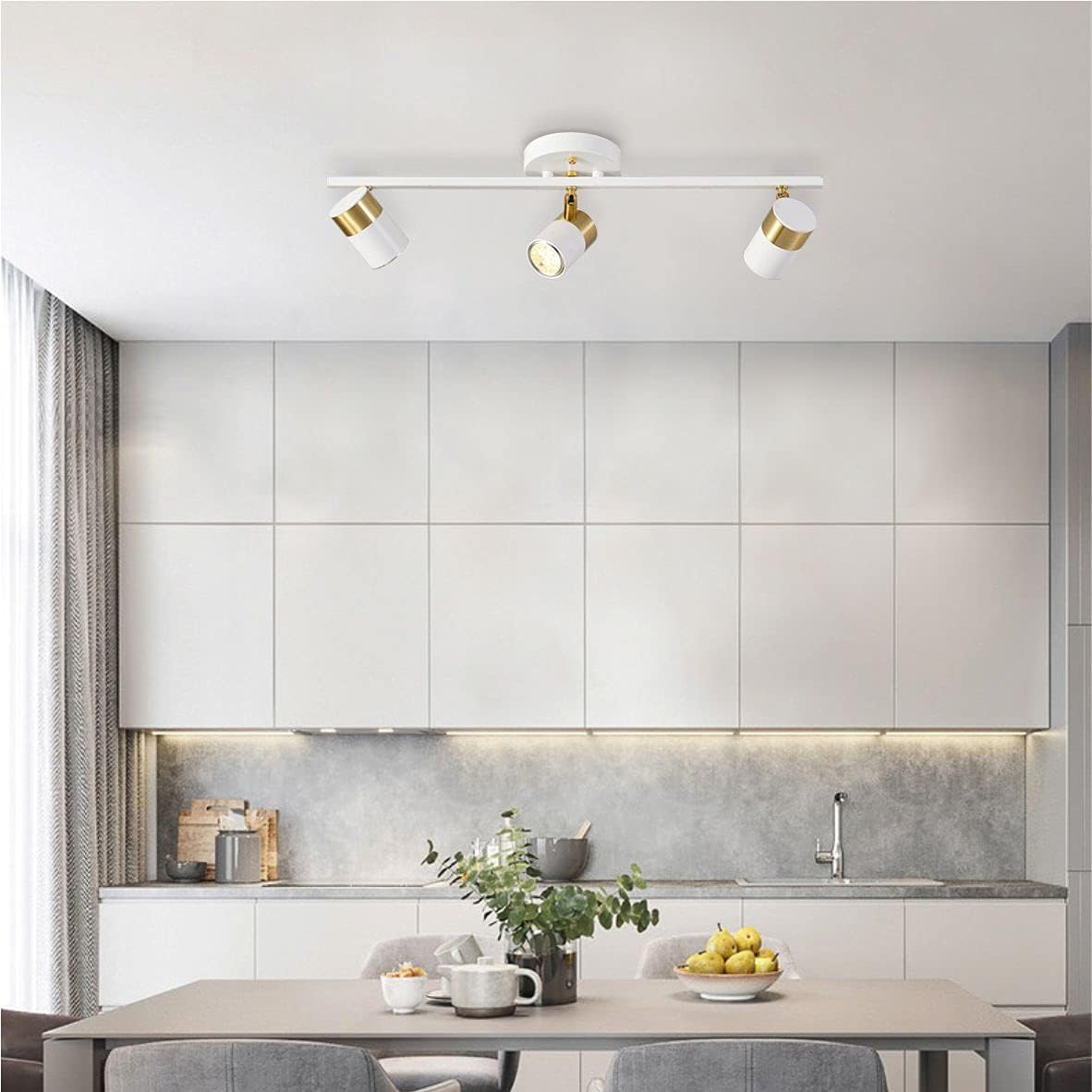 White 3 Lights Track Lighting Fixtures, LED Track Lighting with Rotatable Light Head & GU10 Bulbs, Ceiling Spotlight Fixtures for Farmhouse Garage Basement Shower