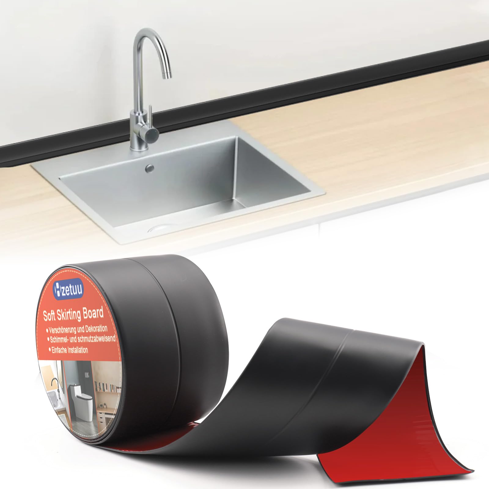 Weichsockelleiste Selbstklebend (5m) – Flexible Pvc Sockelleiste Für Unebene Wände Und Küche, Wasserdichte Abschlussleiste Und Knickleiste Mit Starkem Acrylat-Klebeband, Ohne Bohren, Schwarz (19x19mm)