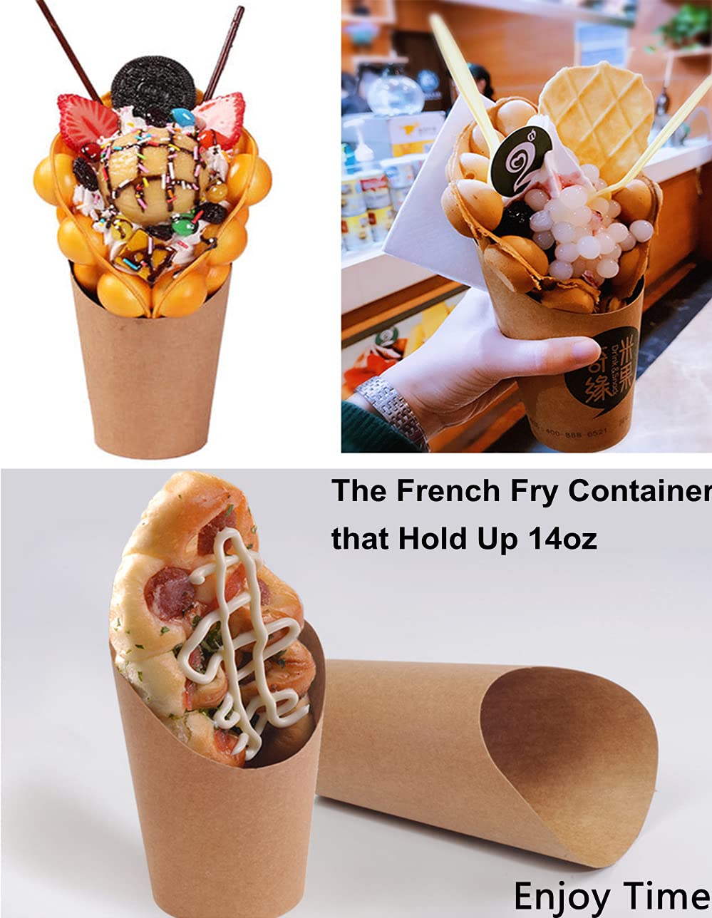 Lawei Lot de 100 gobelets à frites en papier kraft, 473,6 g, jetables, fournitures de pâtisserie, boîtes à popcorn gaufré, boîtes à charcuterie, récipients pour cônes alimentaires de mariage