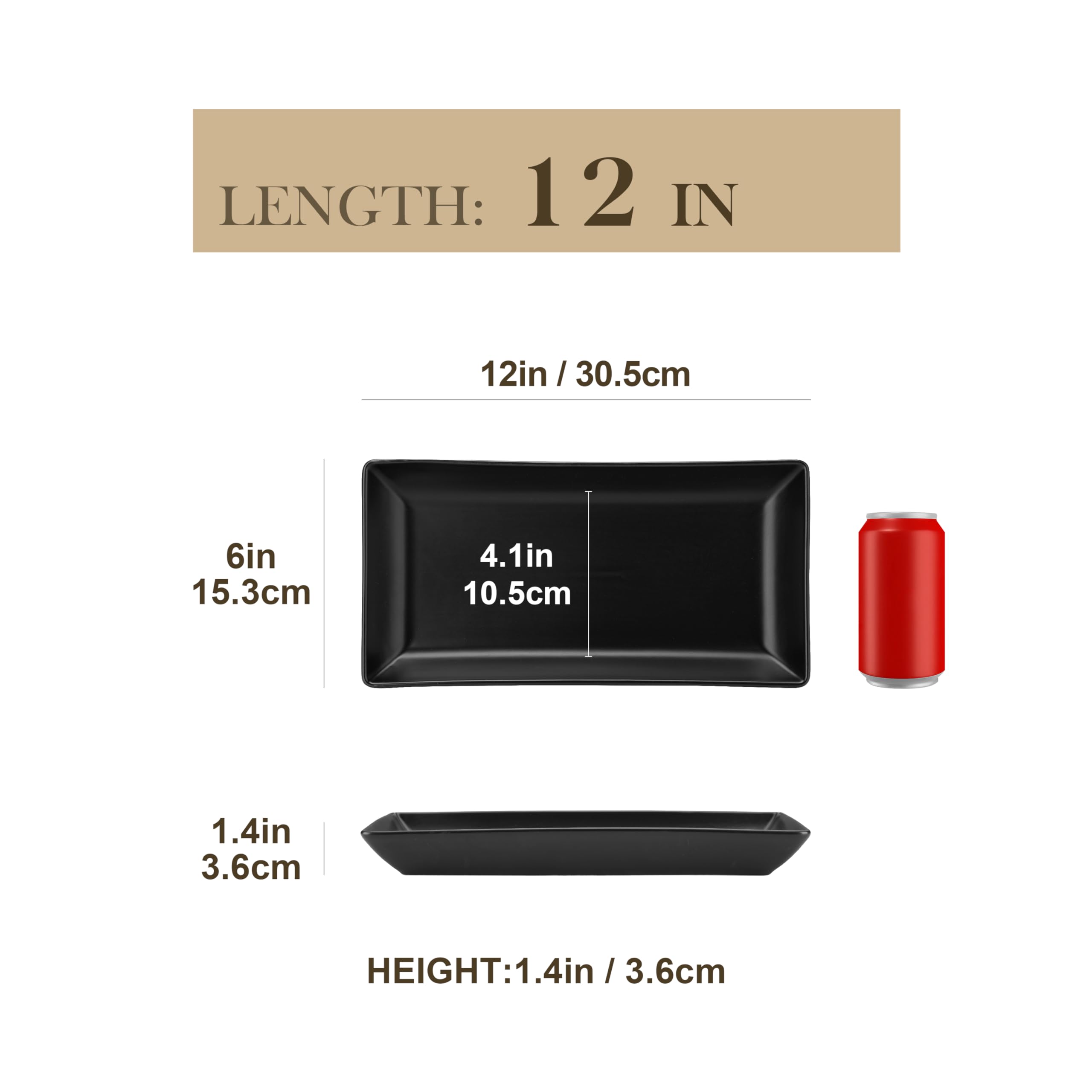 MALACASA Piatti da Portata in Porcellana 30,5 x 15,3 x 3,6 cm, Set di 4 Pezzi, Piatti da Portata Rettangolari Grandi per Buffet, Sushi, Torte, Antipasti a Casa, Feste o al Ristorante, Nero Opaco