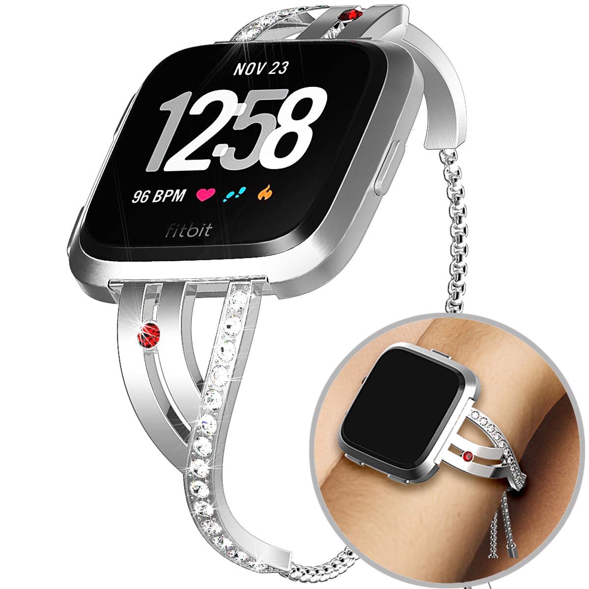 Bing Rhinestones Bands Compatible Fitbit Versa, Stainless Steel Replacement Wristband Bands for Versa Women Crystal Bracelet Bangle Metal Wrist Bands Accessories Watch Strap for Fitbit Versa