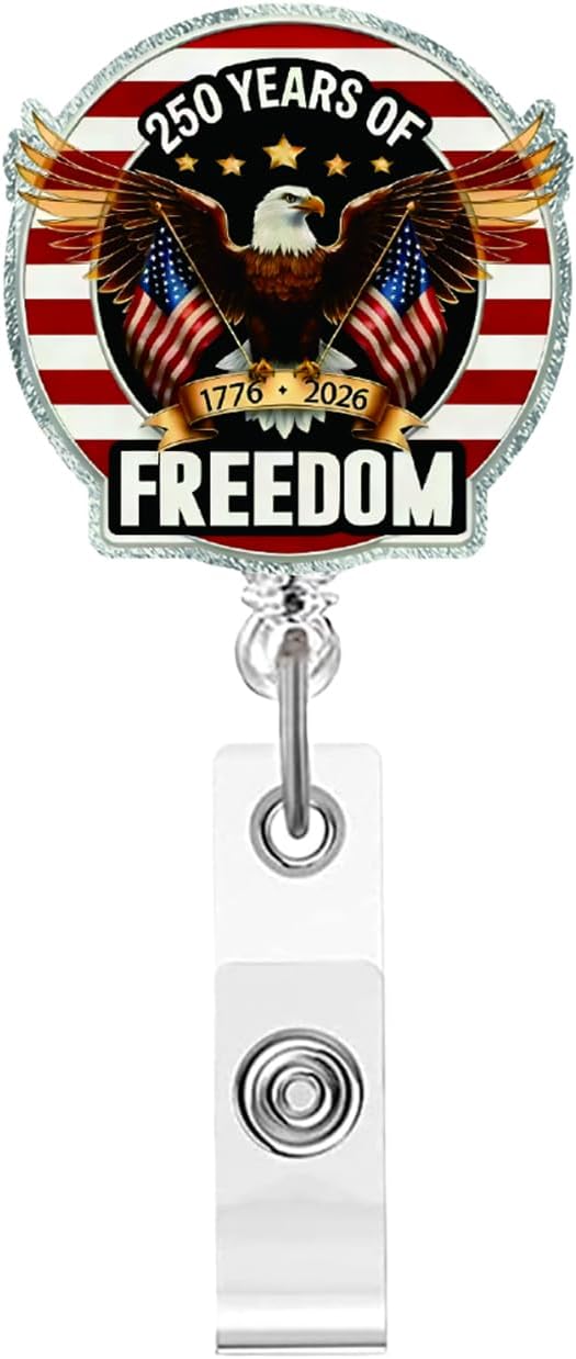 American 250th Anniversary Badge Holder Retractable Patriotic 4th of July Badge Clip Eagle Badge Reel Designs Nurse ID Name Badge Reels Acrylic Badge Alligator Clip for Office Nurses Doctors Supplies