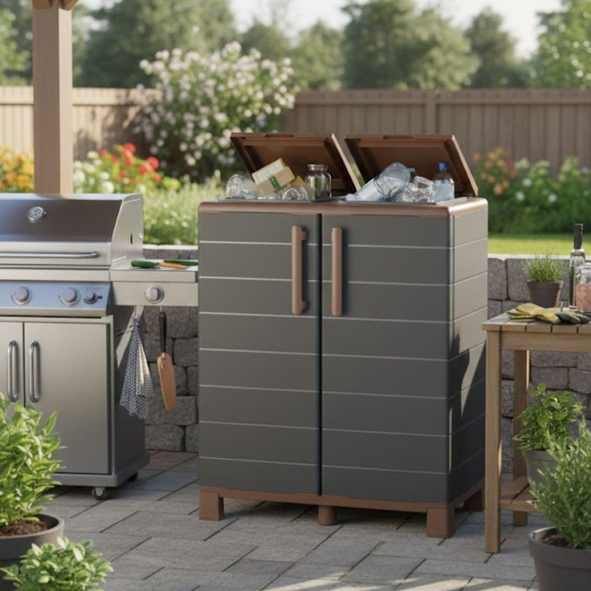 Art Plast - Abri Poubelles 2 Sacs Gris & Marron - Armoire Cache Poubelle de Tri Sélectif 68 x 37 x 90 cm Terrasse, Restaurant