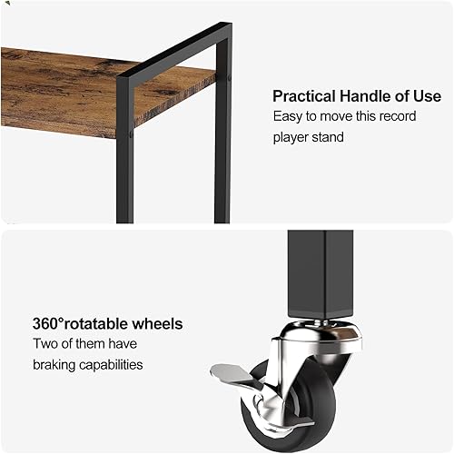 Miniatura 3 de YBING Soporte para tocadiscos de 2 niveles con estante de almacenamiento para álbumes, soporte para tocadiscos con marco de metal y ruedas, color