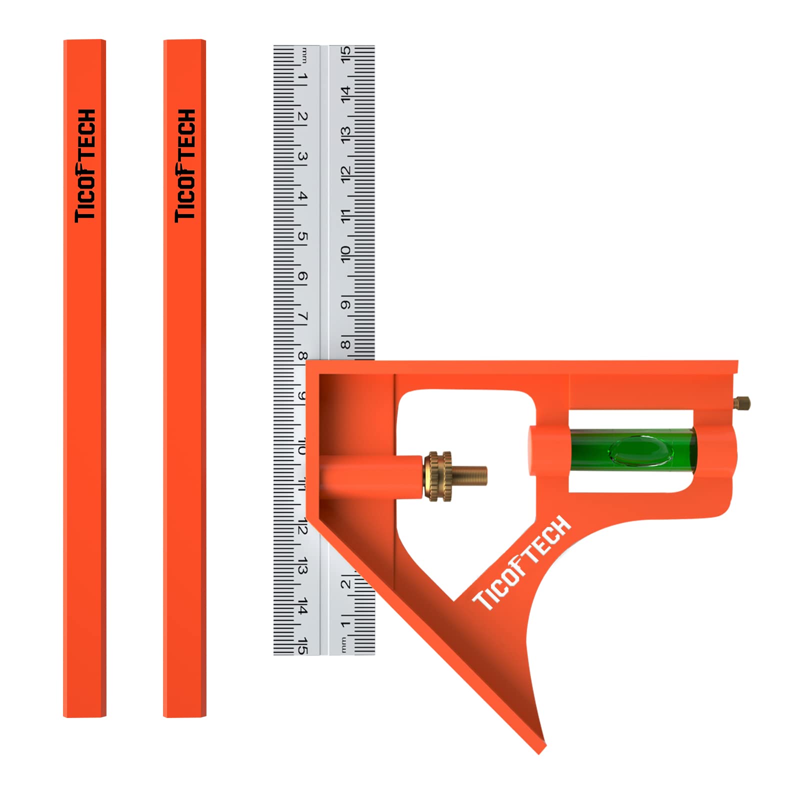 Combination Square, 6 Inch/150mm, Set Square, Stainless Steel Ruler, Protractor Level Measure Measuring Set with Carpenter Pencils