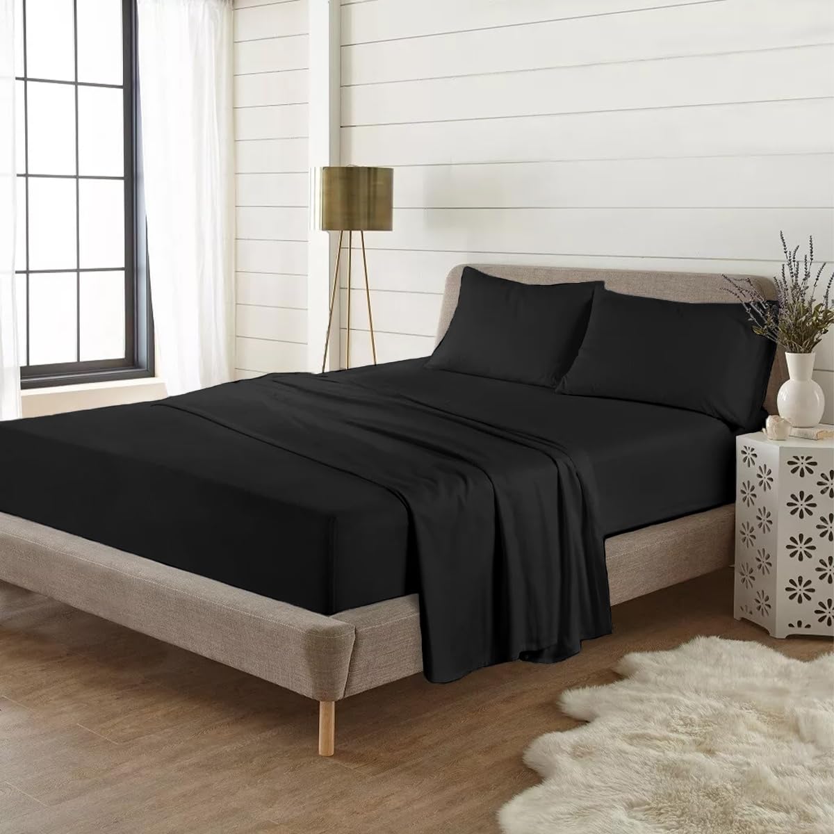 Rohi Double Flannelette Fitted Sheets 10” Deep Fit– Soft & Breathable 100% Brushed Cotton Fitted Sheet – Deep Fitted Sheet with Elasticated Corners – Stain, Shrink & Wrinkle Resistant (Black, Double) — image 1