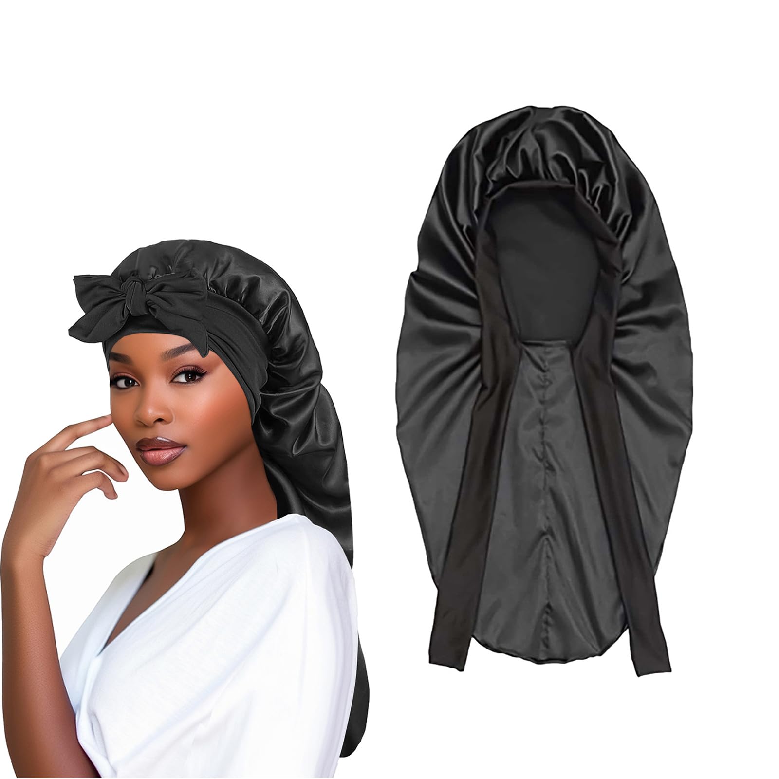 Long Satin Cap,Long Satin Cap,Sleeping Cap with Elastic Belt,Soft Sleep Cap,Long Hair Soft Sleeping Cap (Black)