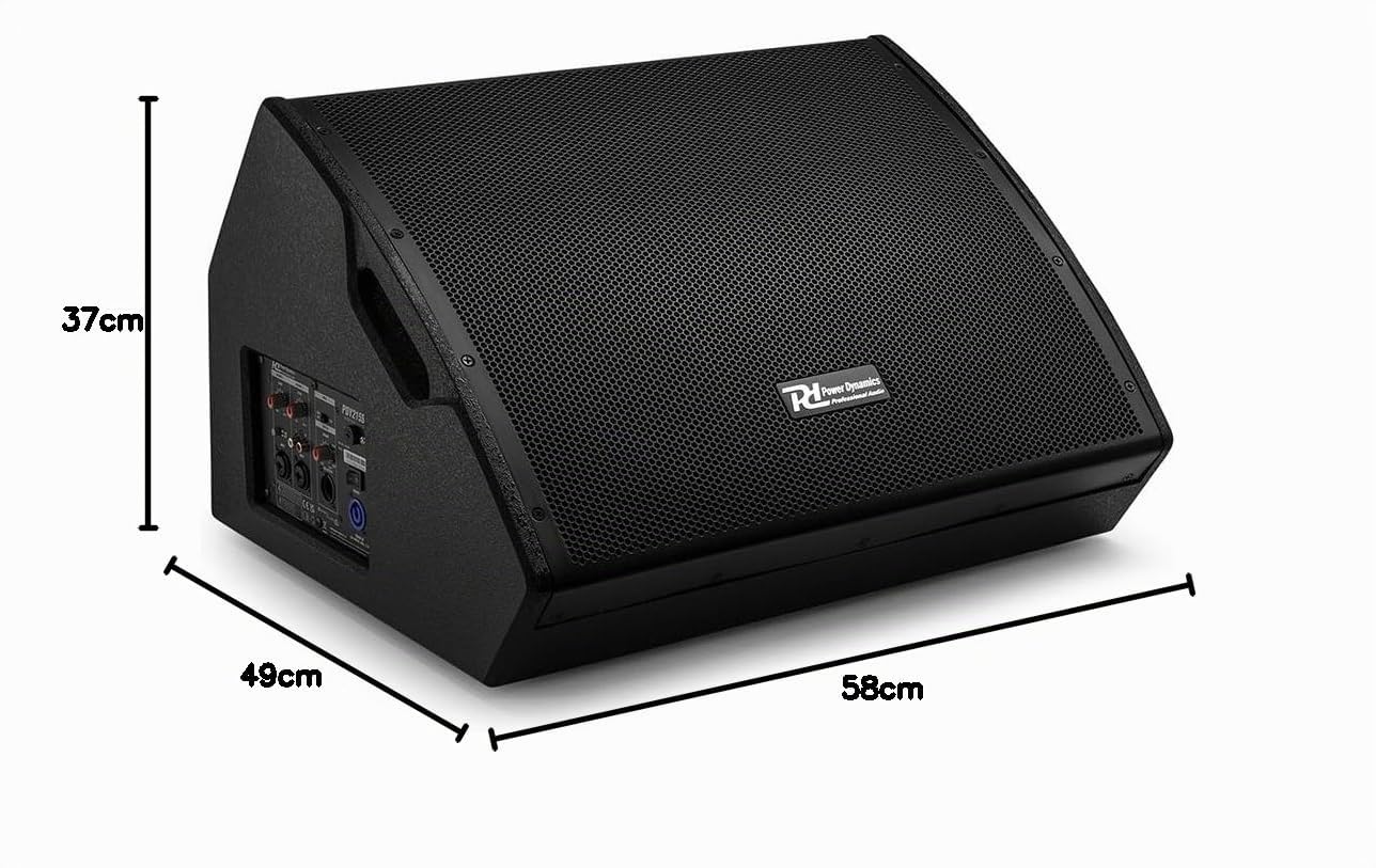 Power Dynamics PDY215SM Boden Monitor 800 Watt, aktiver Bühnen Monitor, Active Stage Lautsprecher- 400W RMS Bi-Amp 2-Way Wedge Speaker, integriertem Mixer für Live-Musik & DJ-Auftritte, Schwarz