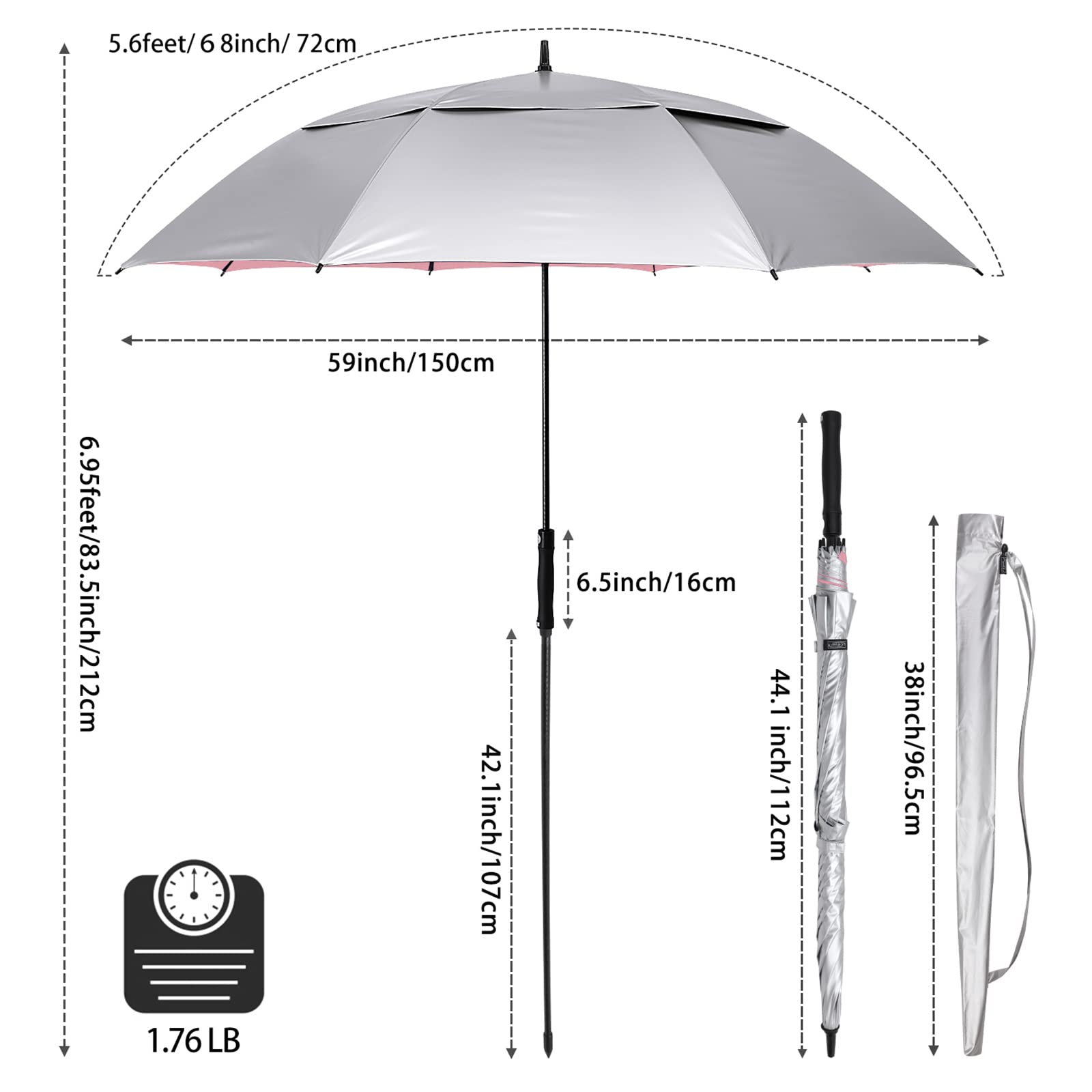 G4Free 68 Pouces Grand Parapluie de Golf Parapluie de Plage Ouverture Automatique Double Canopée Coupe-vent Anti UV pour Hommes Femmes
