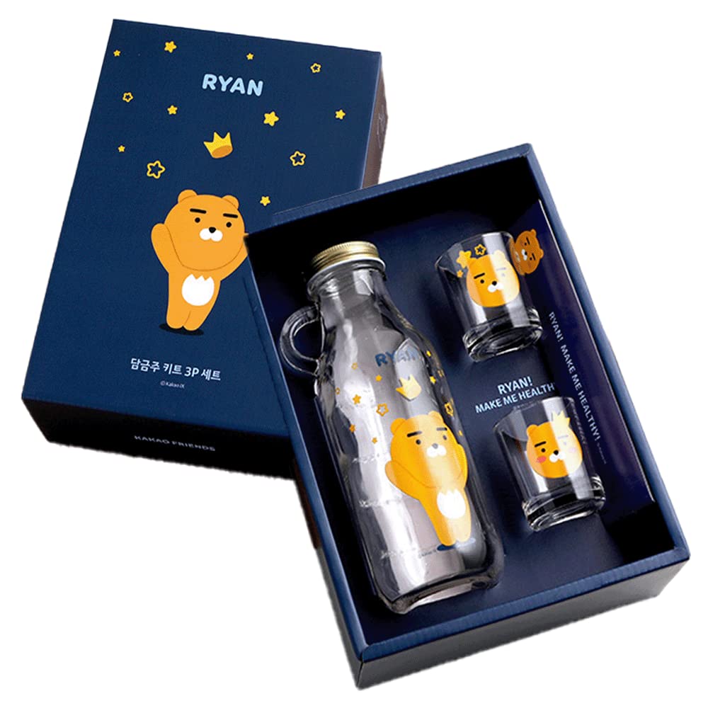 Bottle and Shot Glasses Set in Kakao friends Gift Box RYAN -17oz Bottle, 2oz Shot Glasses Set of 3 Korean soju shot glass