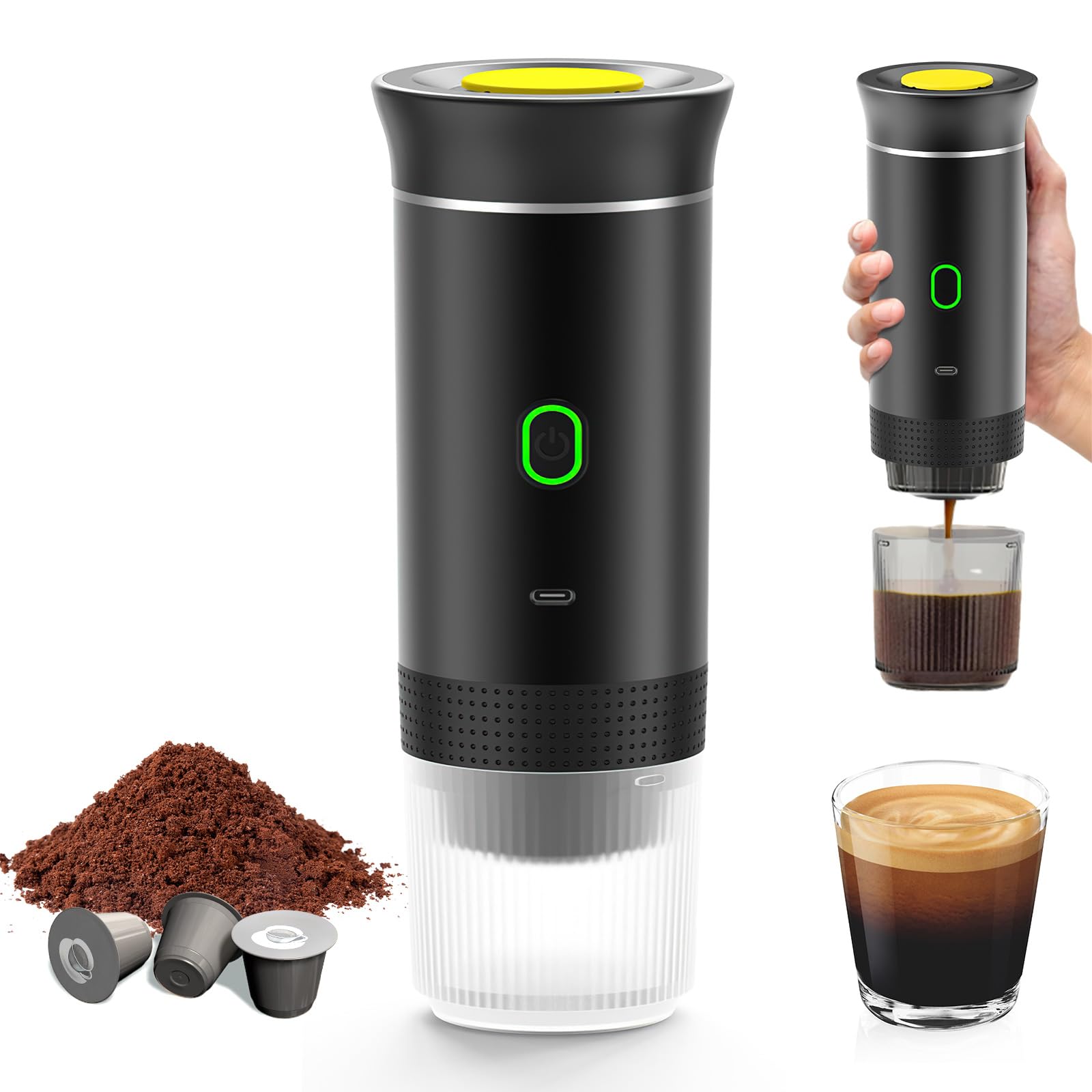 Máquina de café portátil expreso, calefacción eléctrica de viaje para 12 V coche y camping, cápsulas para cafetera