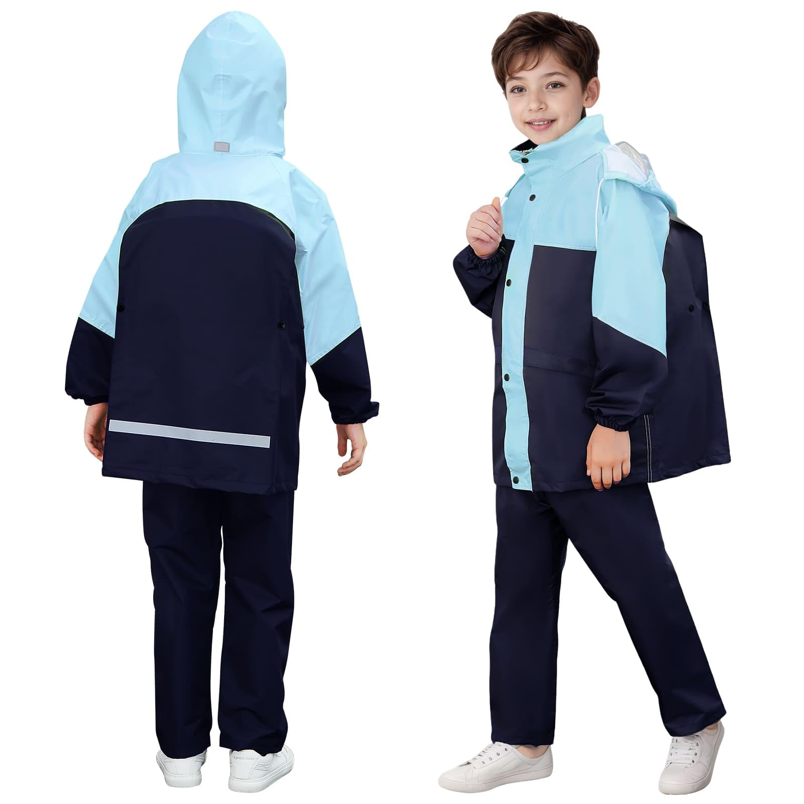 JinBei Enfants Imperméable Garçon Fille Combinaison de Pluie Léger Ensemble Pluie à Réfléchissant Pantalon et Veste Zip Boutons à Capuche Pliante Costume 2 Pièces pour Écoles Camping, 8-14 Ans