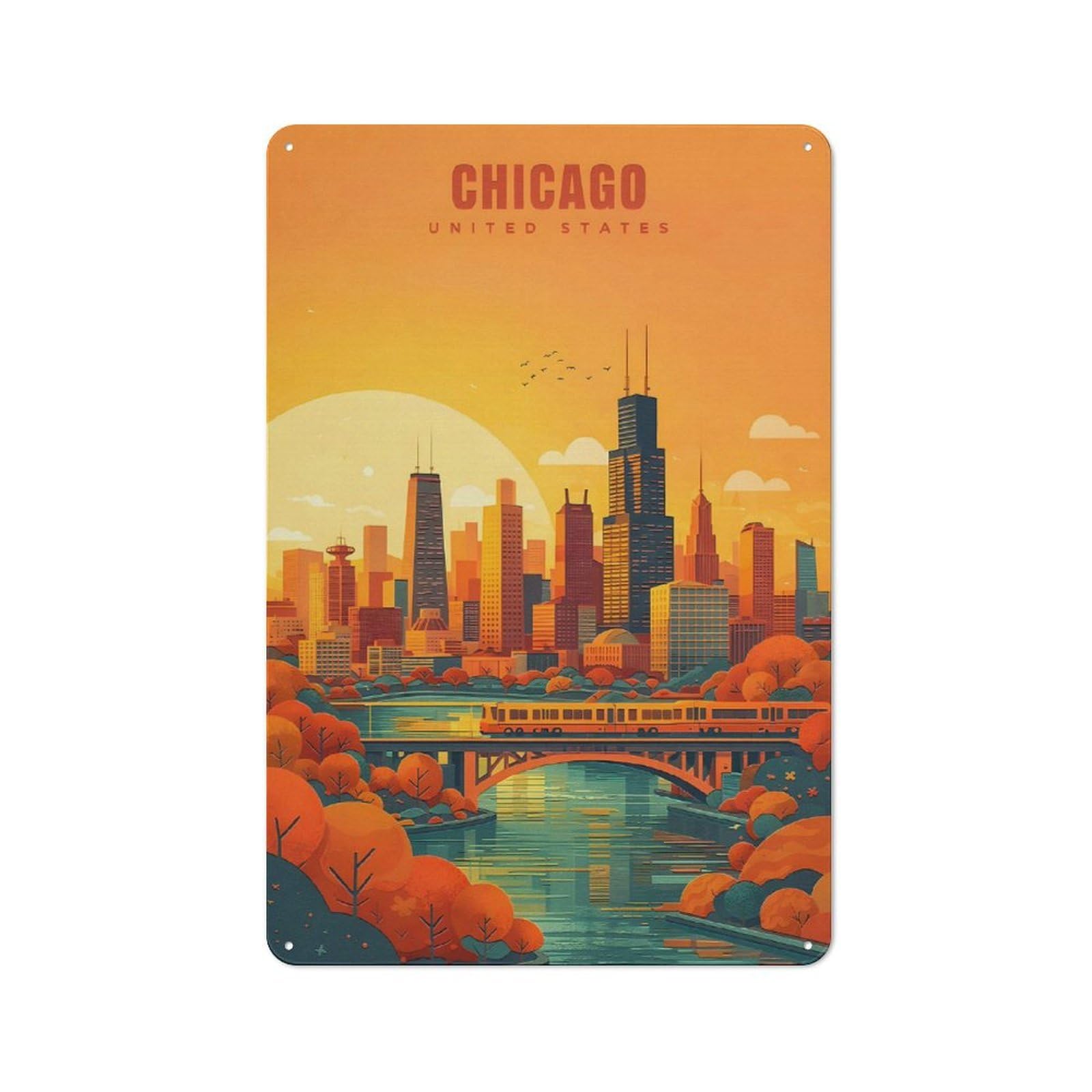 Metal Wall Plaque with Chicago Skyline at Sunset Design 30x20cm, Retro Room Wall Plaque for Home, Shop, Pub Or Studio Wall