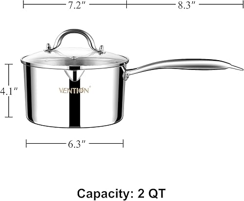 Miniatura 2 de VENTION Cacerola con tapa, cacerola de acero inoxidable de 3 capas con boquilla de vertido, ollas pequeñas de 2 cuartos de galón para cocinar