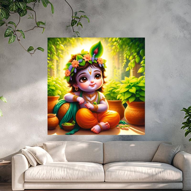 Image of British Terminal Cute little Bal Gopal Baby God Krishna| Kanha Ji | Laddu Lord Makhan Chor Painting Religious Poster for Pregnant Women for wall (matt thin vinyl,sticker,multicolor,unframed)| bj92