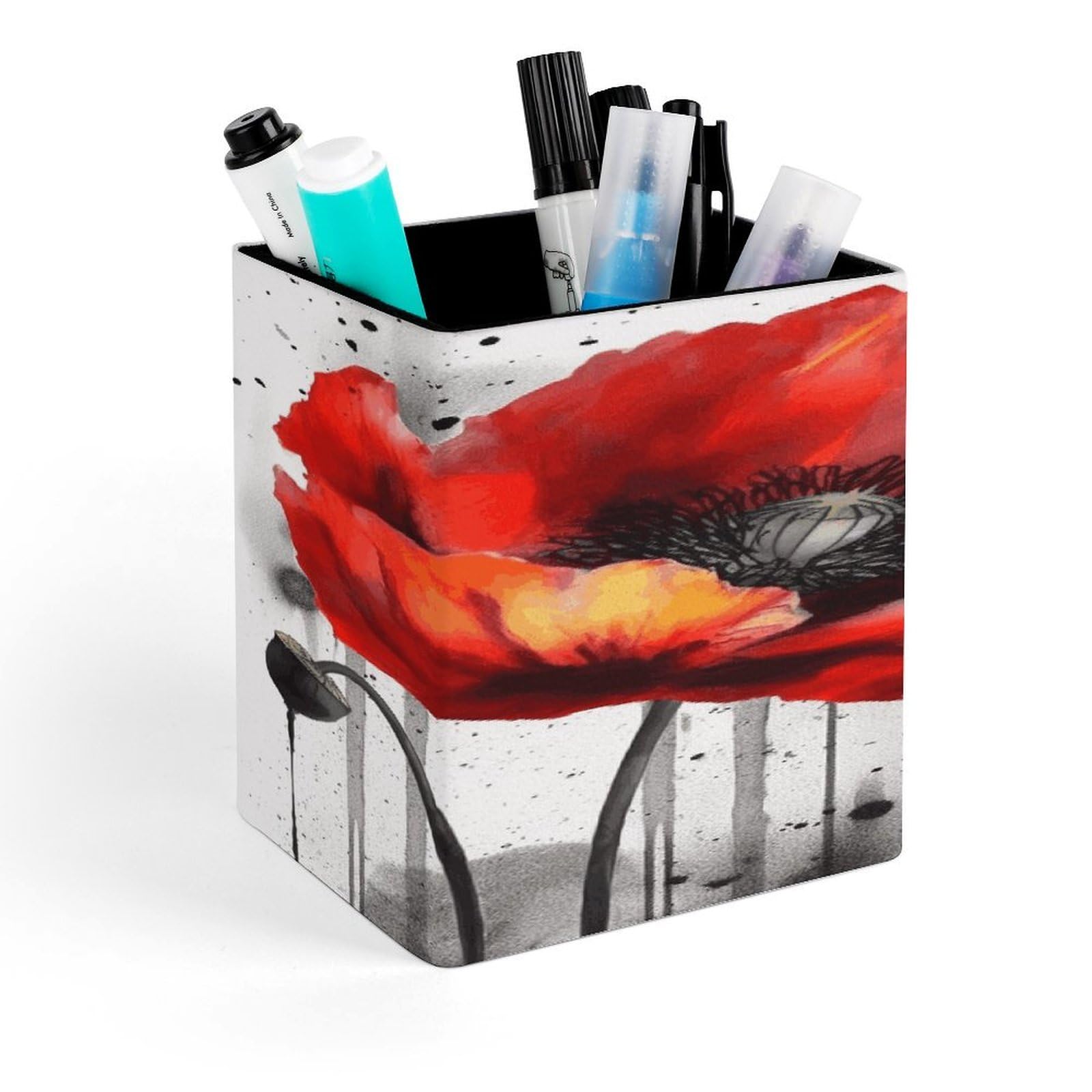 LZQPOEAS Beautiful Poppy Flower Ink Square Pen Pencil Holder PU Leather Pencil Cup Desktop Stationery Organizer Office Accessories Container