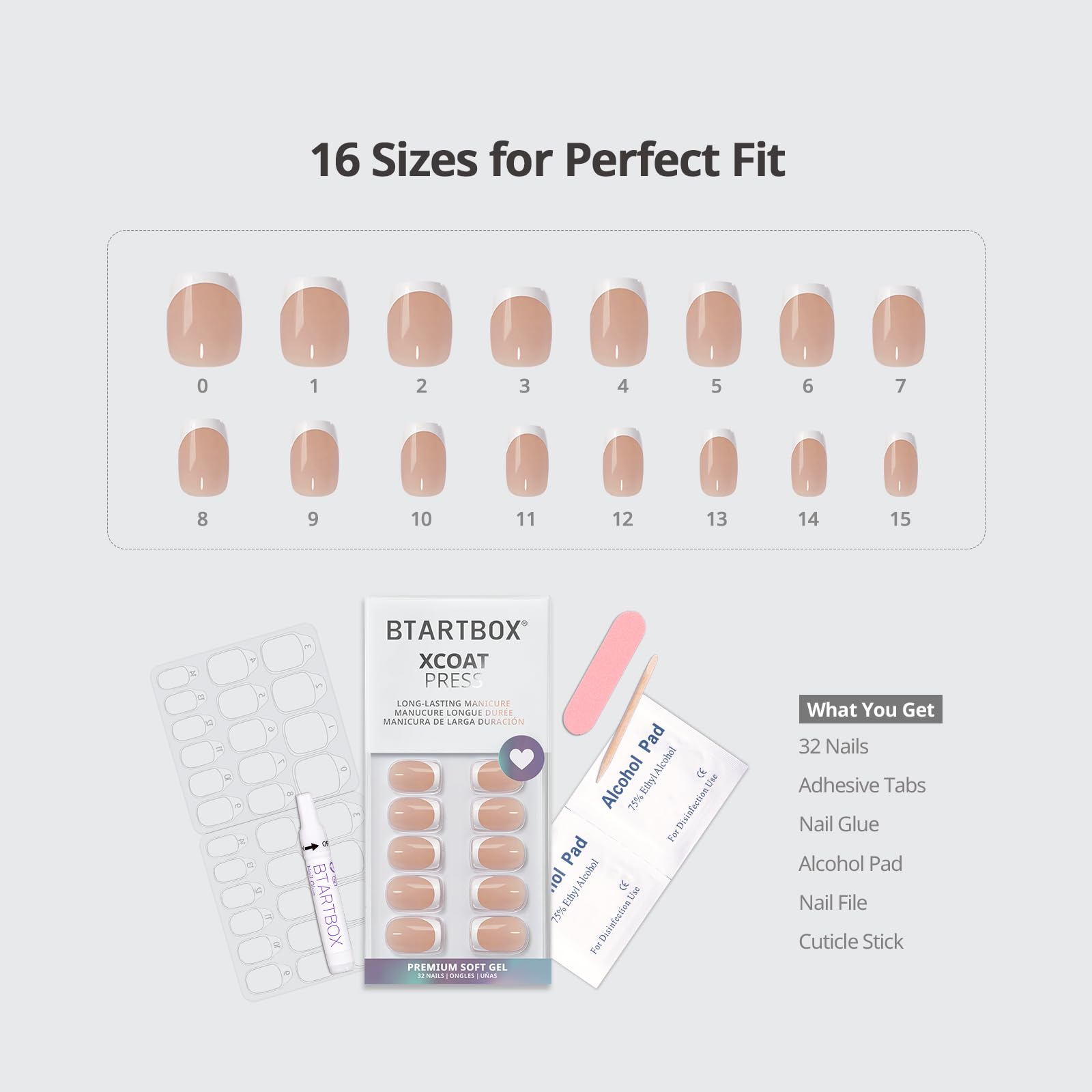 BTArtbox Press On Nails French Tips - 32 Pcs Short Square False Nails With Nail Glue and Adhesive Nail Tabs, No Fade Out Stick On Nails in 16 Sizes, Soft Gel Fake Nail for Women, Classic White — view 7