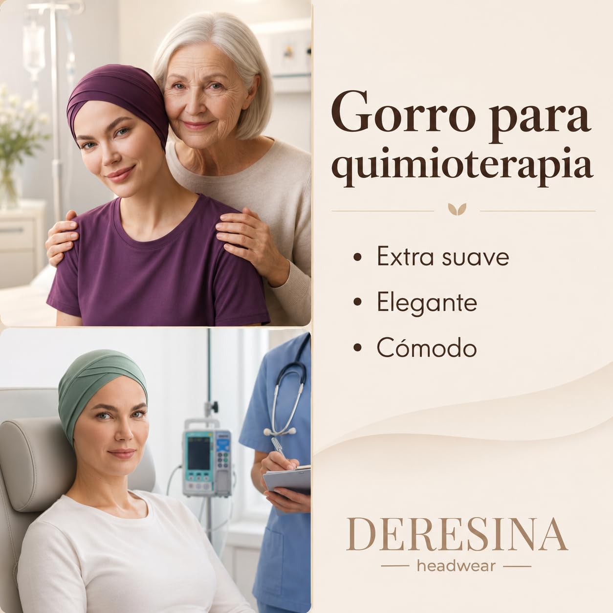Deresina Gorro de Quimioterapia W-Front de Bambú para Mujer – Turbante Suave y Transpirable para Alopecia y Caída del Cabello