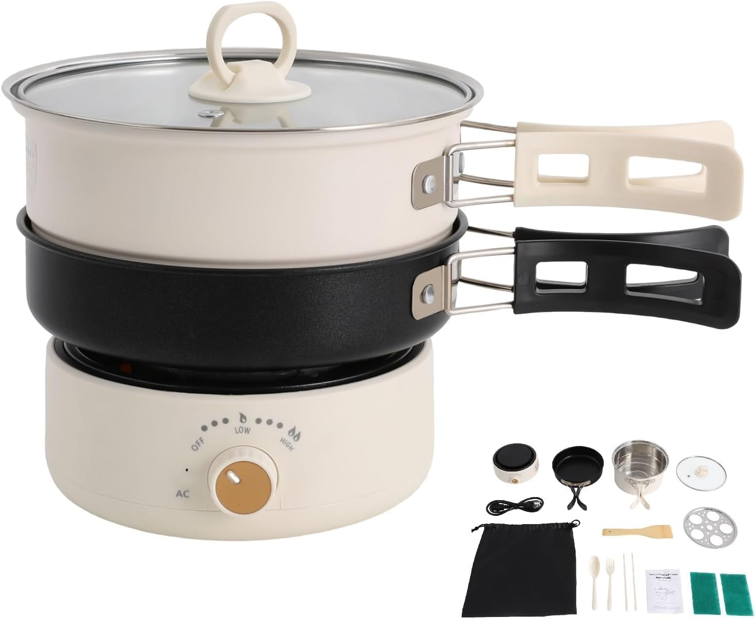 Olla Eléctrica Plegable con Sartén 500W, Cocina Portátil Multifunción