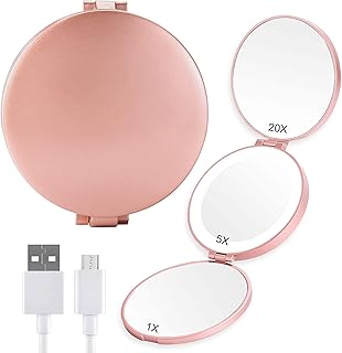 MIYADIVA Magnifying Mirror with Light, Hand Mirror Travel Makeup Mirror with 3 Side 20X 5X 1X Magnification, Travel Magnifying Mirror for Pocket
