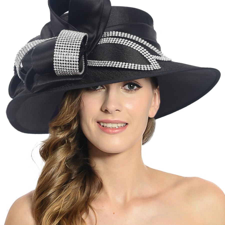 Women Satin Dress Church Derby Hats w/Rhinestones - Elegant Headwear for Special Occasions