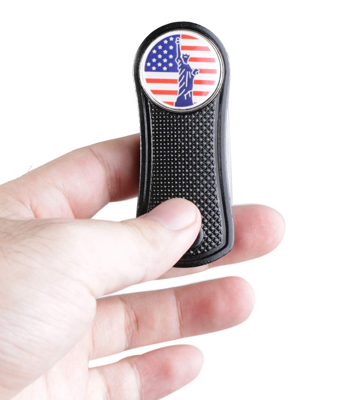 HAIYUE All Metal Foldable Golf Divot Tool Switchblade with Pop-up Button Pattern Magnetic Ball Marker, Statue of Liberty, Black