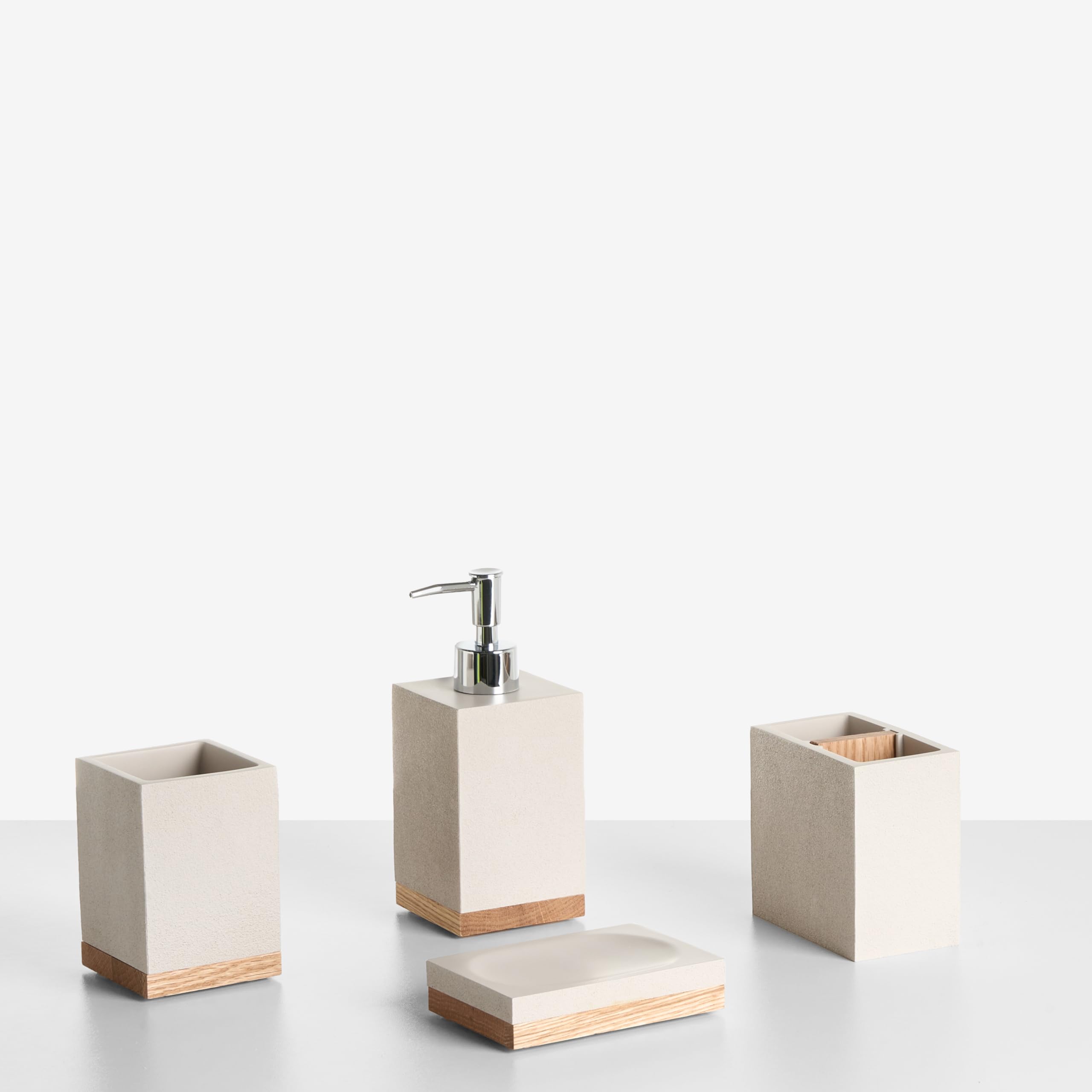 Conjunto de 5 Accesorios de baño jabonera dispensador de jabón escobilla de Inodoro Vaso Soporte para cepillos de Dientes Beige Tapiche