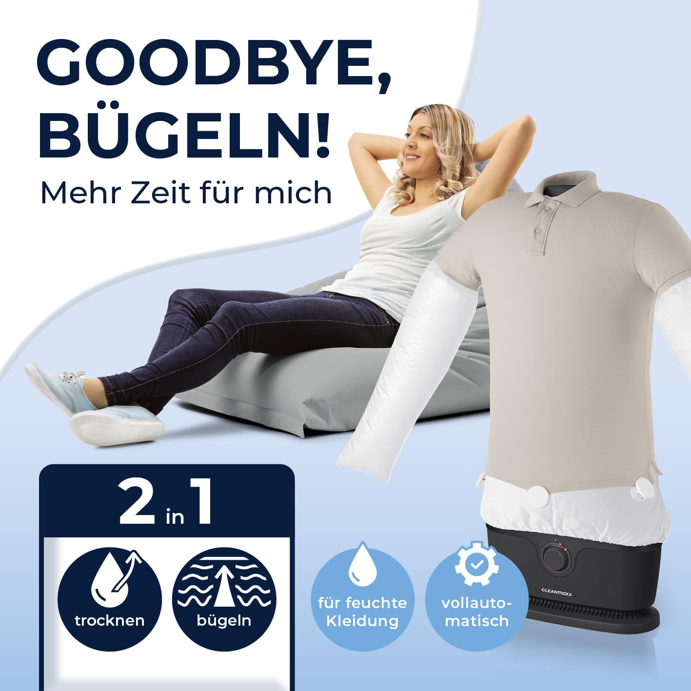 CLEANmaxx automatischer Hemdenbügler PRO mit Hosenaufsatz | Ersetzt Bügeleisen, Dampfglätter, Steamer | Bügelgerät mit Bügelpuppe für Hemden, Blusen & Hosen | Innovativ & effizient