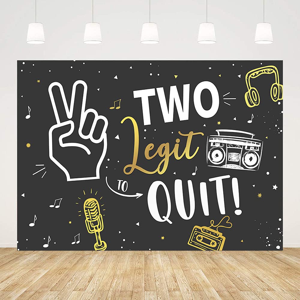 ABLIN 7x5ft Two Legit to Quit Happy 2nd Birthday Backdrop Hip Hop Gold Microphone Headphones Music Tape White Radio Gesture Black Background Party Decor Cake Table Banner Props