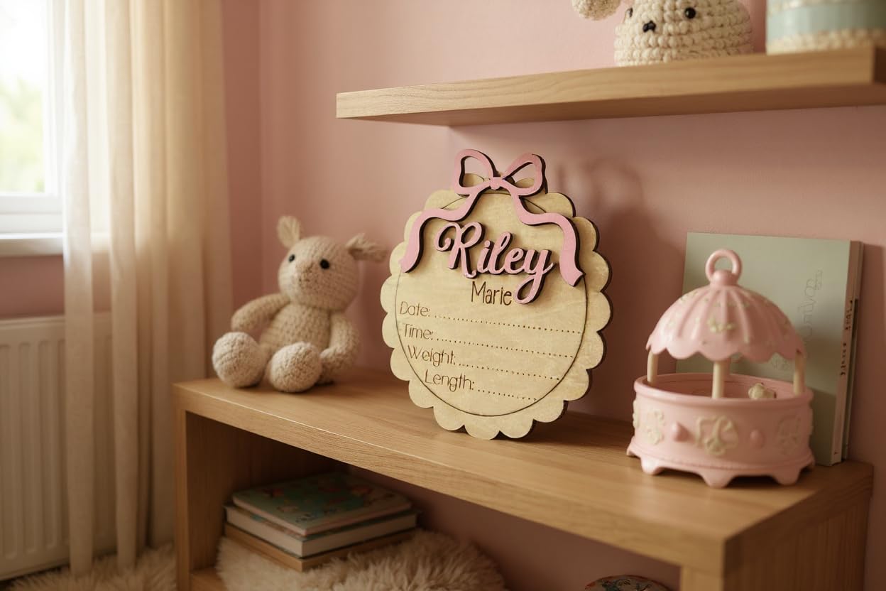 Personalized Baby Girl Birth Announcement Sign – Custom Round Wooden Name Plaque with Bow – Scalloped Edge Newborn Hospital Photo Prop & Keepsake (Bundle 2 Sign Set)