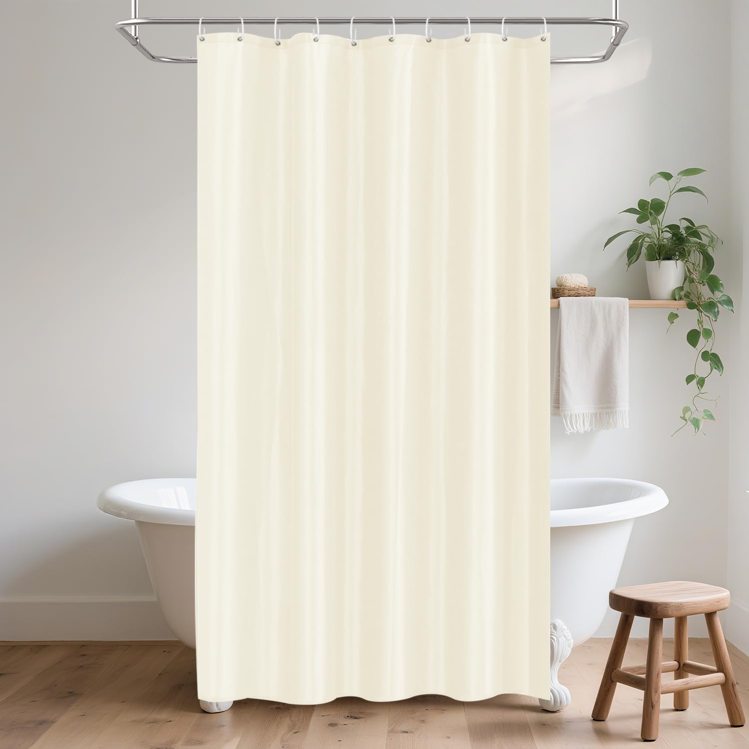 LUKDUNG 150 x 200 cm Polyester Textile Shower Curtain Anti-Mould for Bathroom, Curtain for Bathtub Shower Made of Fabric Waterproof Washable Shower Curtain with 10 Hooks Beige