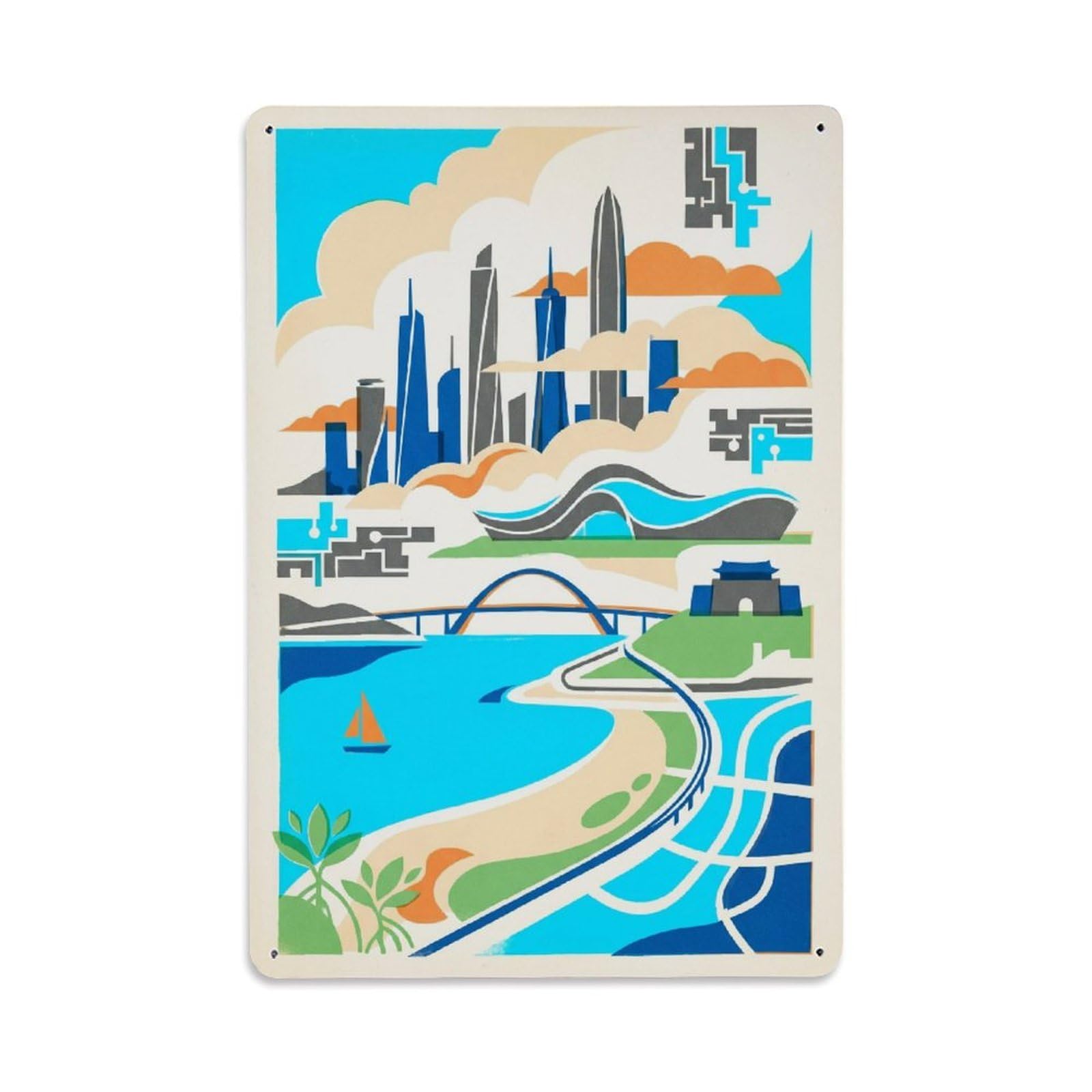Okngb Style Minimalist Chinese Shenzhen Cityscape Illustration Metal Tin Sign Plaque Wall Decor For Cafe, Man Cave, Club Bar, Office, Home Garden Round Metal Poster 8X12inch