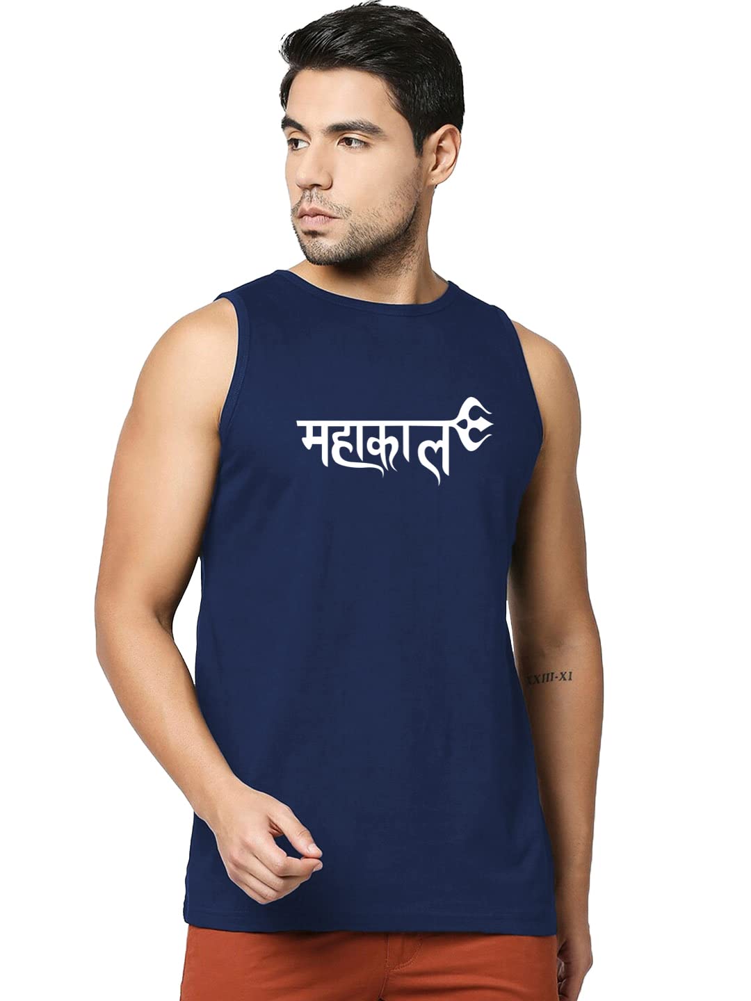 organic chics Round Neck Sleeveless Cotton Mahakal Graphic Printed Regular Fit Black Men Vest -43-picture-12