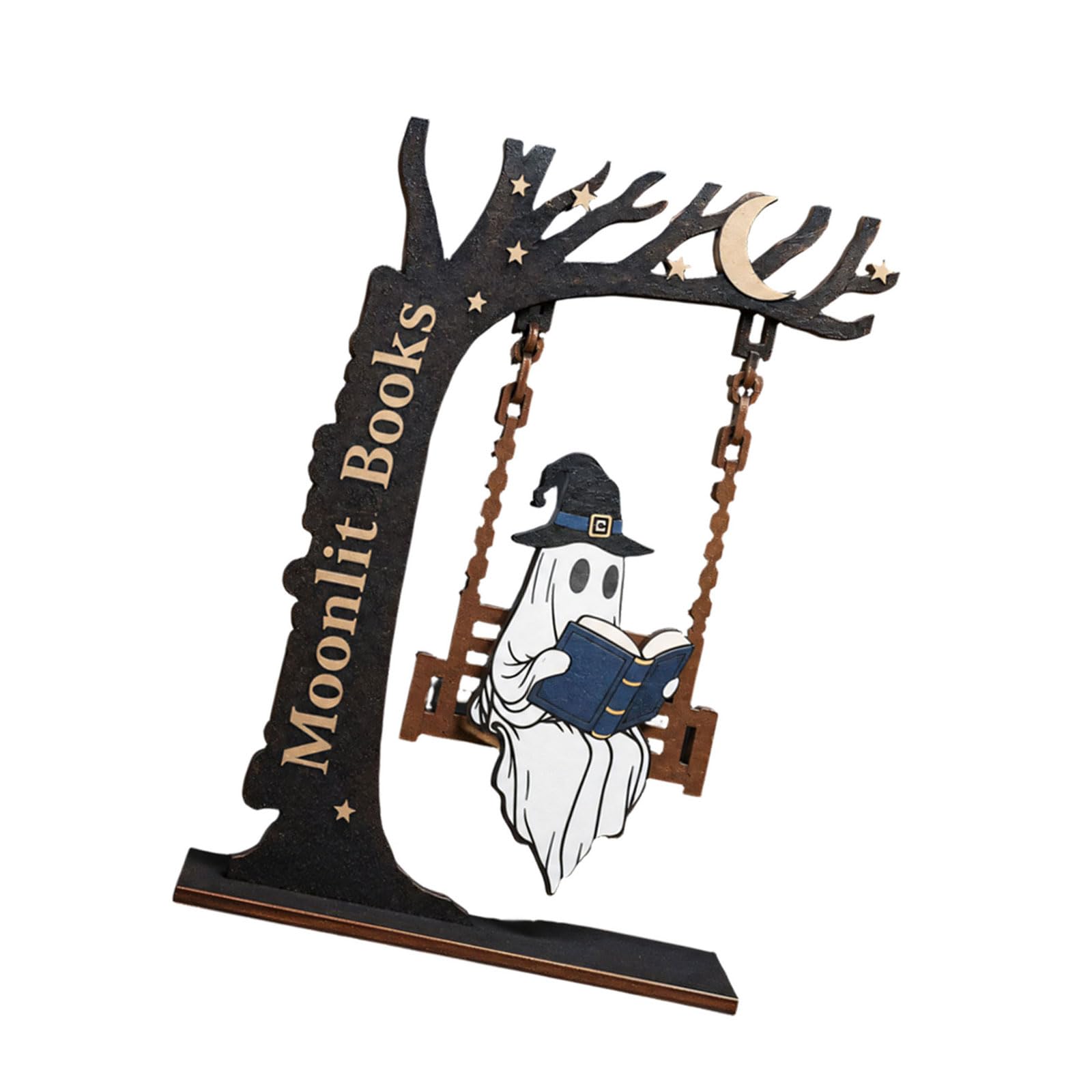 Plcpdm C Tabletop Halloween Reading Decor, Wooden Bookish Swing Accent For Mantel Bookshelf Fall Home Styling Display Indoors Wooden Halloween Decor Reading Figure Bookshelf Ornament Tabletop Accent Fall Book