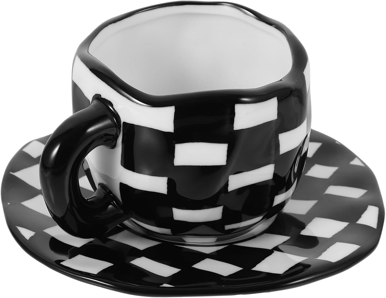 GARVALON Checkered Ceramic Coffee Cup with Saucer Set, Handcrafted Black and White Chessboard Pattern, Irregular Shape Breakfast Mug for Hot Beverages, Milk, and Tea