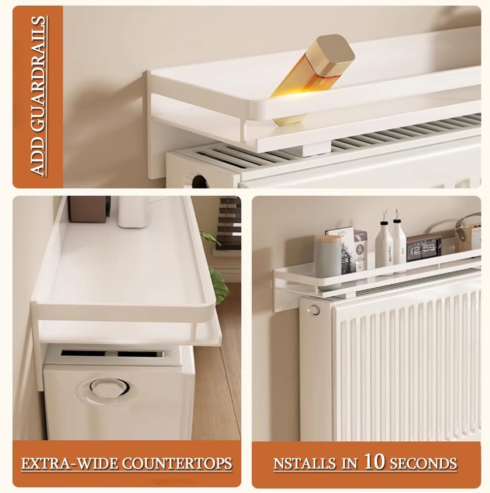 White Radiator Shelf Top Bracket Cover, Radiator Top Shelf for Home, Aluminum Alloy Shelf Above The Radiator, No Drilling Required, Dust-Proof Anti-Smoke Waterproof Rust-Proof,140cm/55.12in