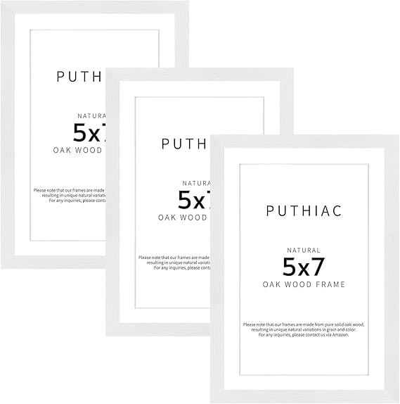 puthiac 5x7 Oak Wood Picture Frame - Minimalist 5x7 Picture Frame, 5"x7" Frame Wood, Natural Solid Wooden Picture Frames for Wall Art Photo and Prints(3 Pack, White)
