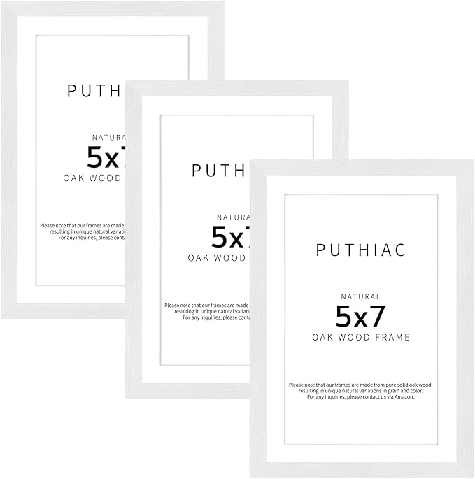 puthiac 5x7 Oak Wood Picture Frame - Minimalist 5x7 Picture Frame, 5"x7" Frame Wood, Natural Solid Wooden Picture Frames for Wall Art Photo and Prints(3 Pack, White)